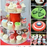 Marvel superheroes themed cupcakes on a red and silver cupcake stand.