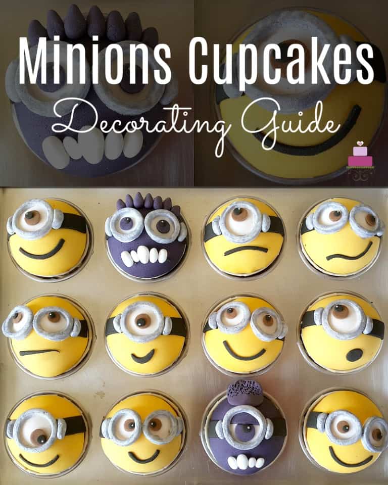 Minion cupcakes decorated with various yellow and purple minion faces.