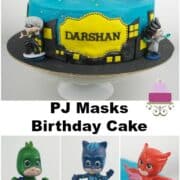 A round cake in blue with PJ Masks characters cake toppers