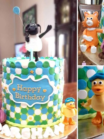 Poster for timmy time birthday cake with 3d characters from the show.