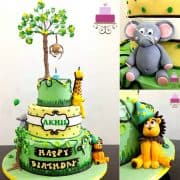 Poster for a 3 tier jungle themed cake with fondant animal toppers.