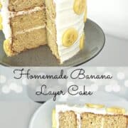 A round cake on a black cake stand decorated with banana slices. A slice of the cake is cut out onto a white plate