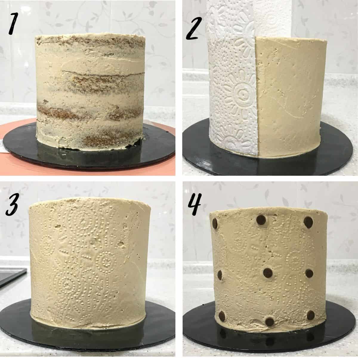 A poster of 4 images showing how to decorate a coffee flavored cake.