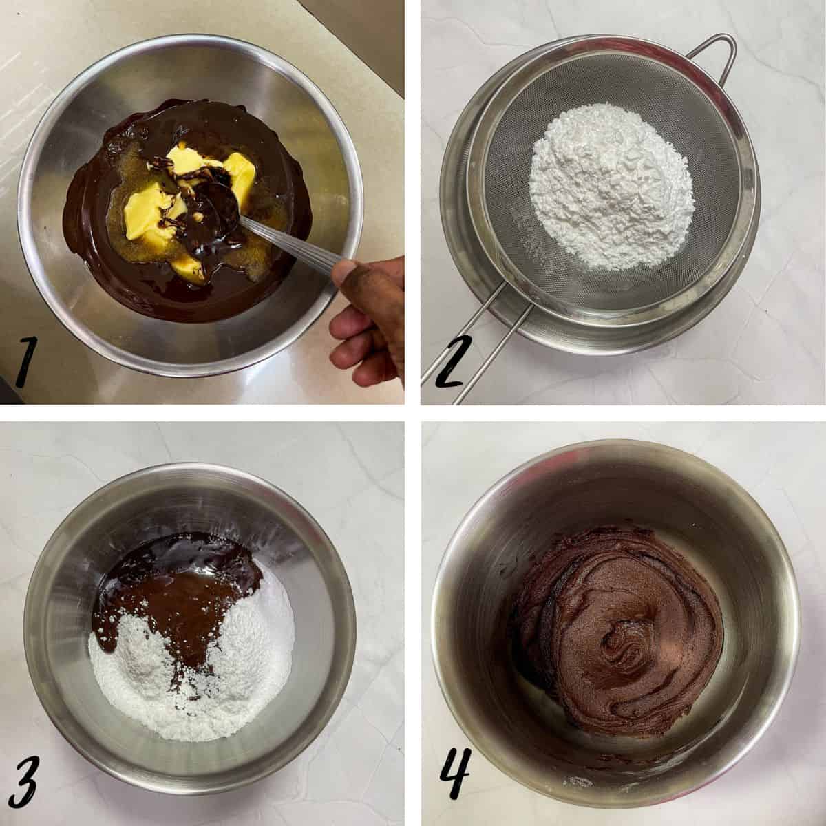 A poster of 4 images showing how to mix melted chocolate with powdered sugar to make chocolate frosting.