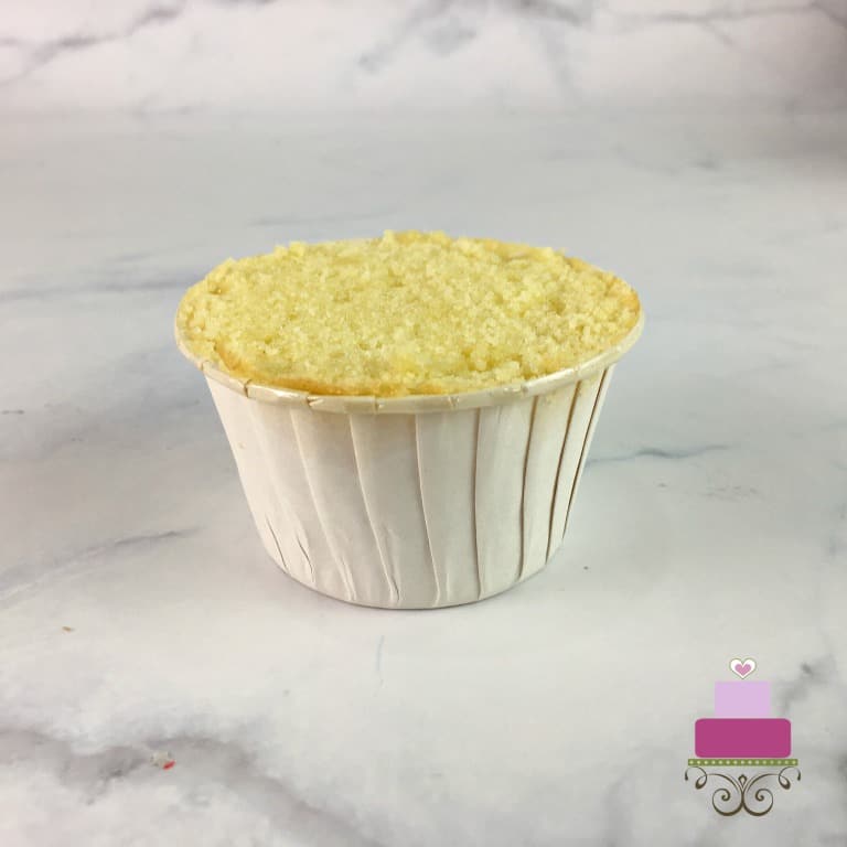 A leveled cupcake in a white muffin casing