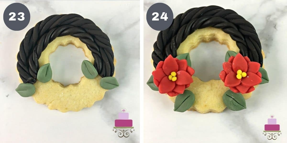 2 ring cookies decorated with fondant twigs and red flowers.