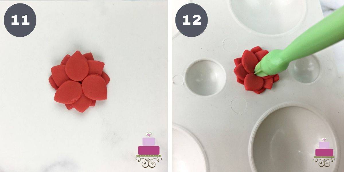 Oval red fondant cut outs in a painting palette and using a fondant tool to press in the center of a fondant flower.