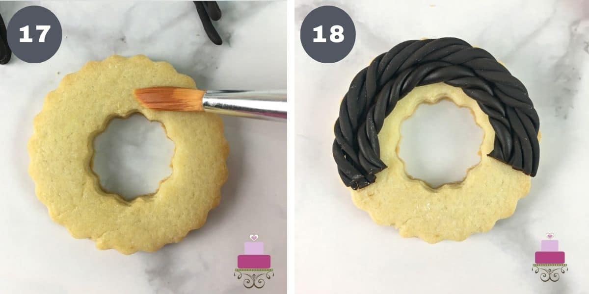 Brushing the top of a ring cookie and brown fondant twigs on a ring cookie.