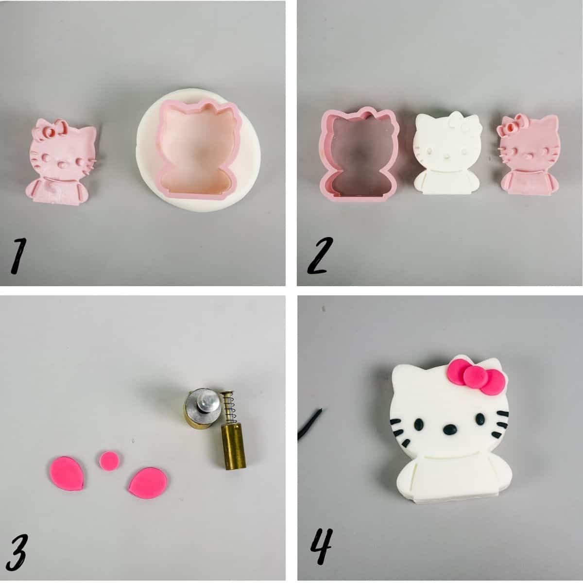 A poster of 4 images showing how to make a 3D fondant Hello Kitty cake topper