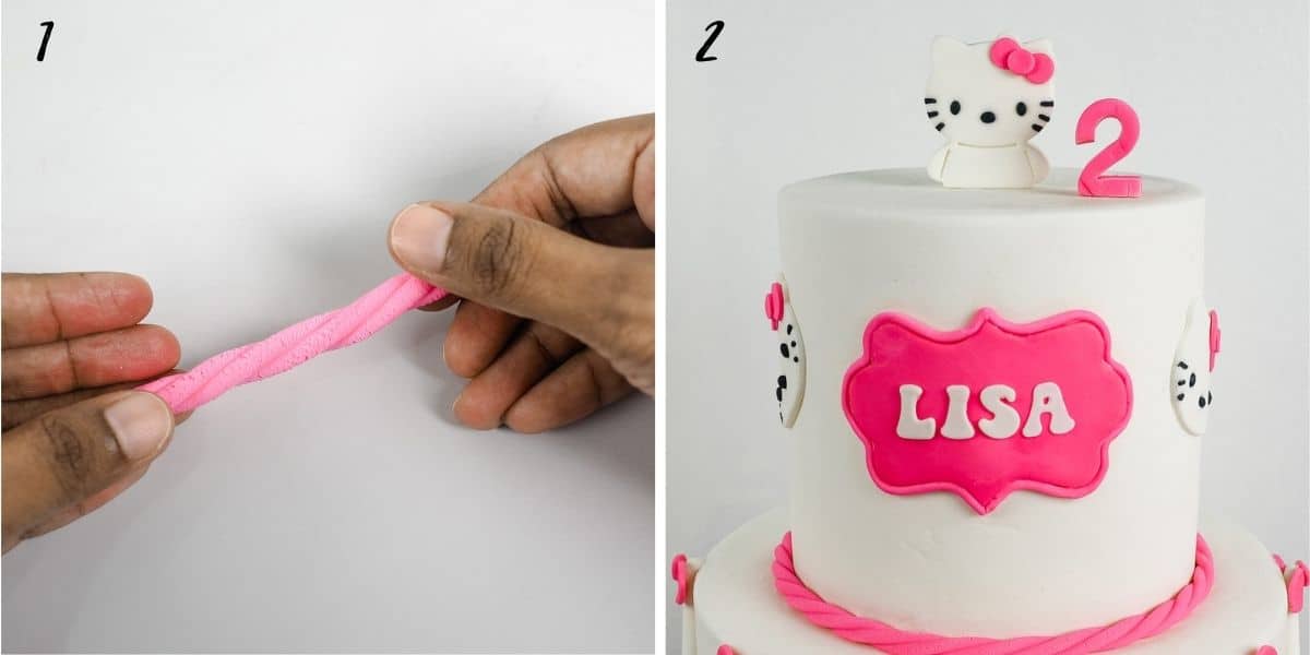 A poster of 2 images showing how to make rope border for a Hello Kitty birthday cake