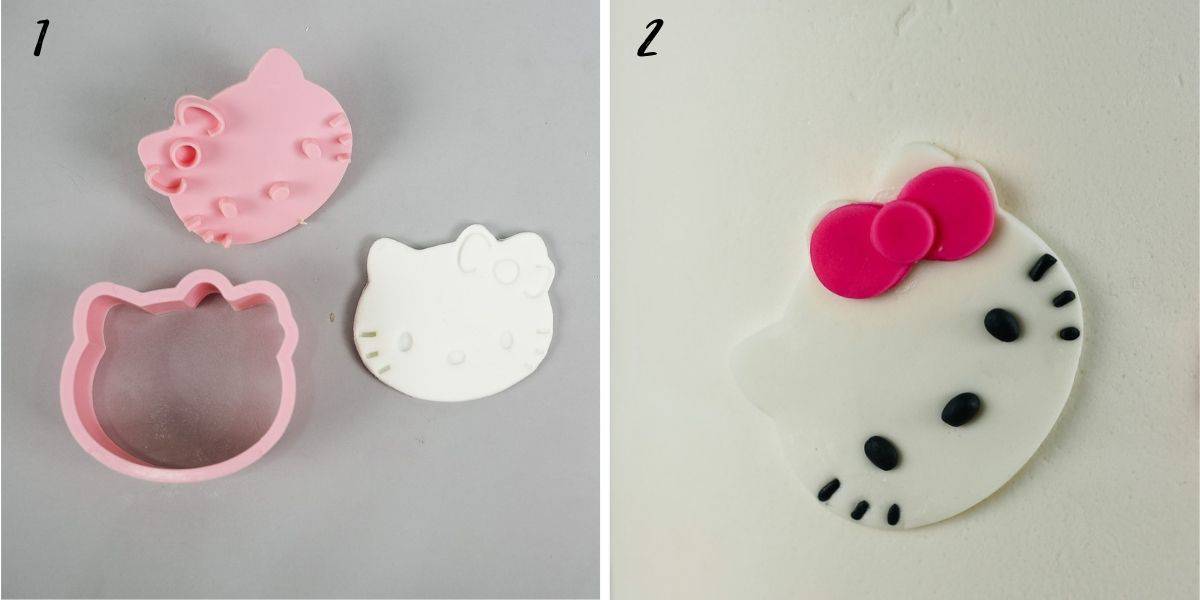 A poster of 2 images showing how to make Hello Kitty face in fondant