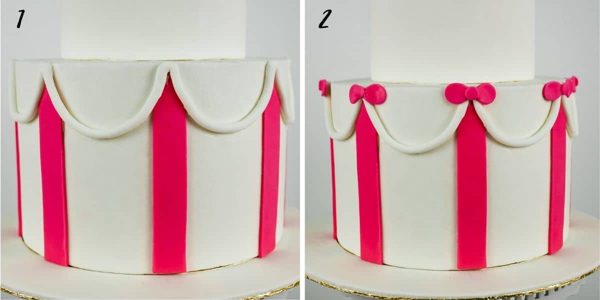 A poster of 2 images showing how to add fondant scallops and bows to a cake