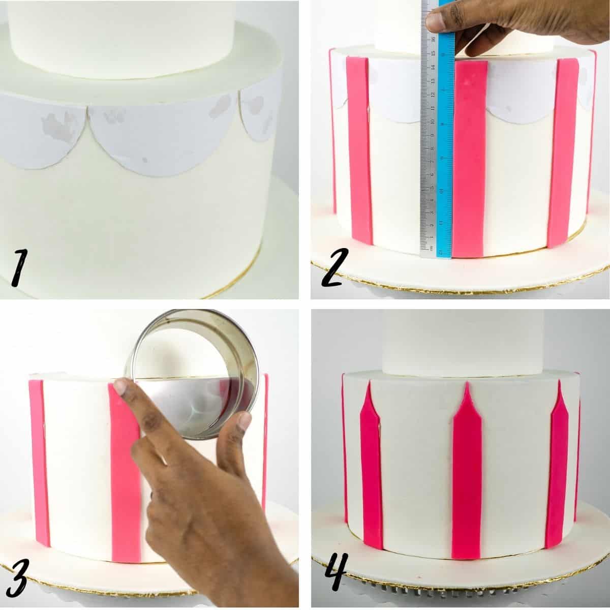 A poster of 4 images showing how to add pink stripes to a cake