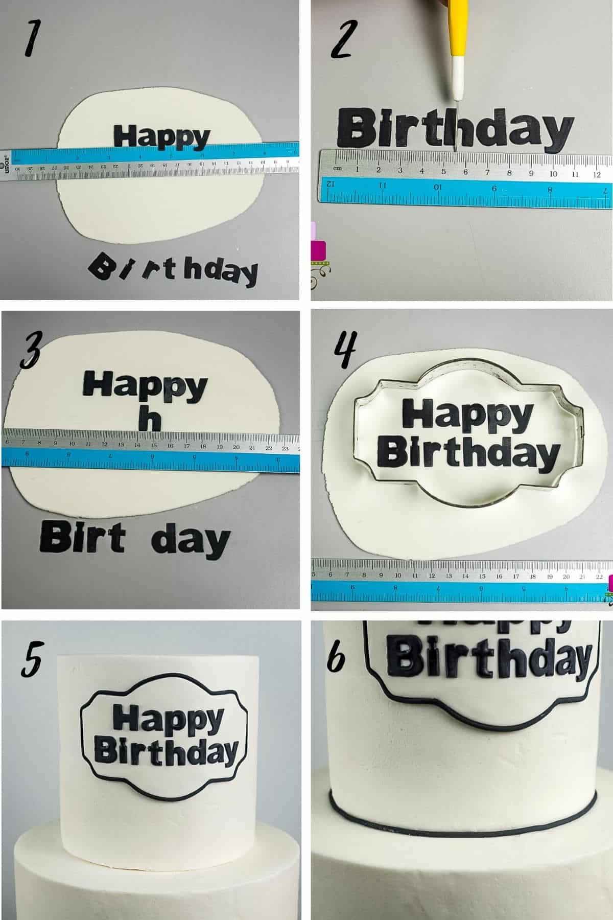 A poster of 6 images showing how to attached fondant letters to cake