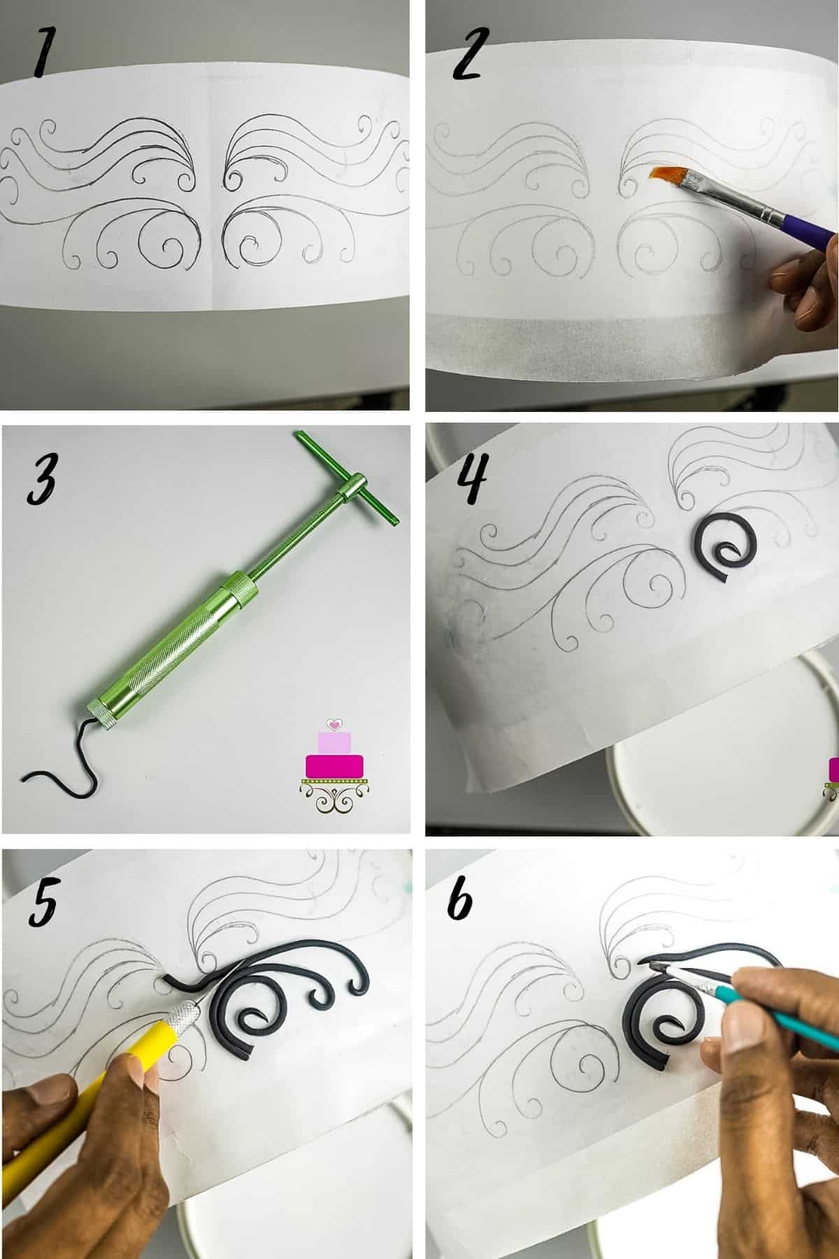 A poster of 6 images showing how to make fondant swirls