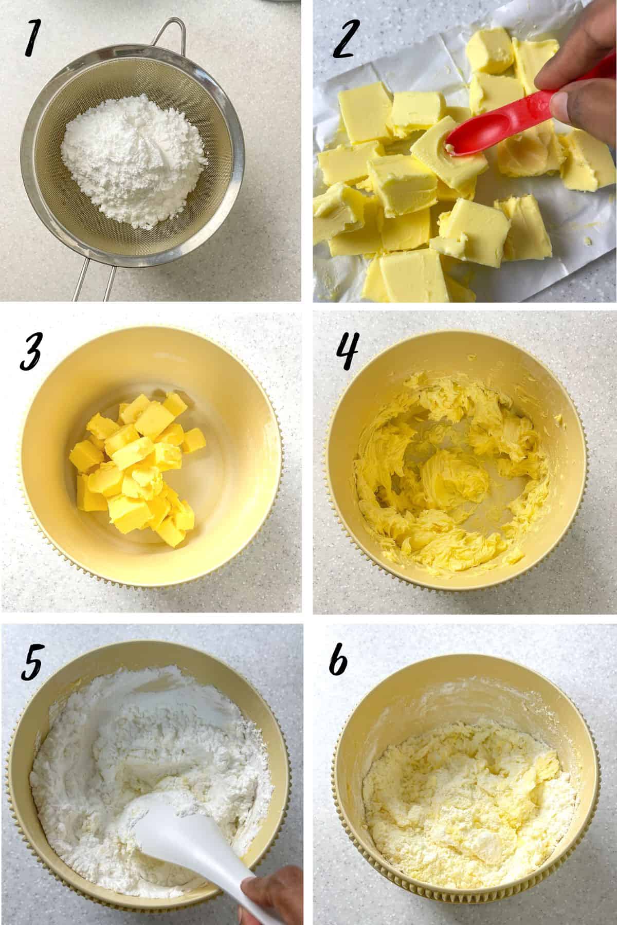 A poster of 6 images showing how to cream butter and powdered sugar to make buttercream icing.