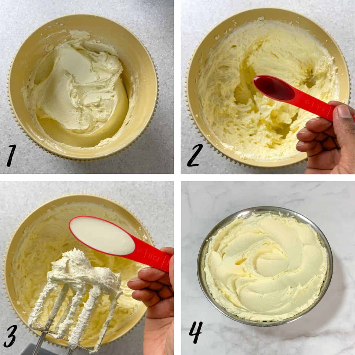 A poster of 4 images showing how to add vanilla extract and cream into buttercream.