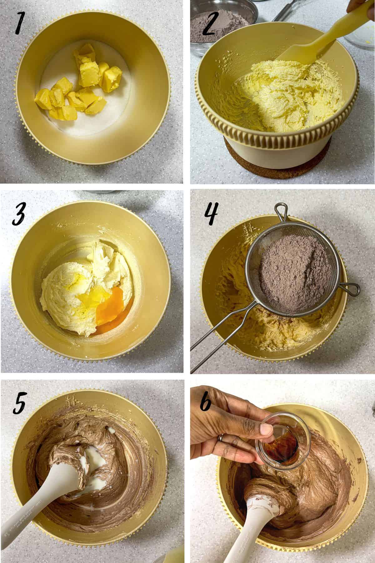 A poster of 6 images showing how to mix chocolate pound cake batter.