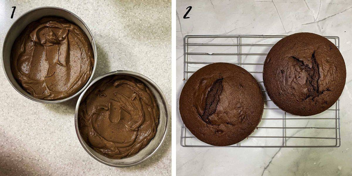 A poster of 2 images showing 2 round tins of chocolate cake batter and 2 round tins of baked cakes.