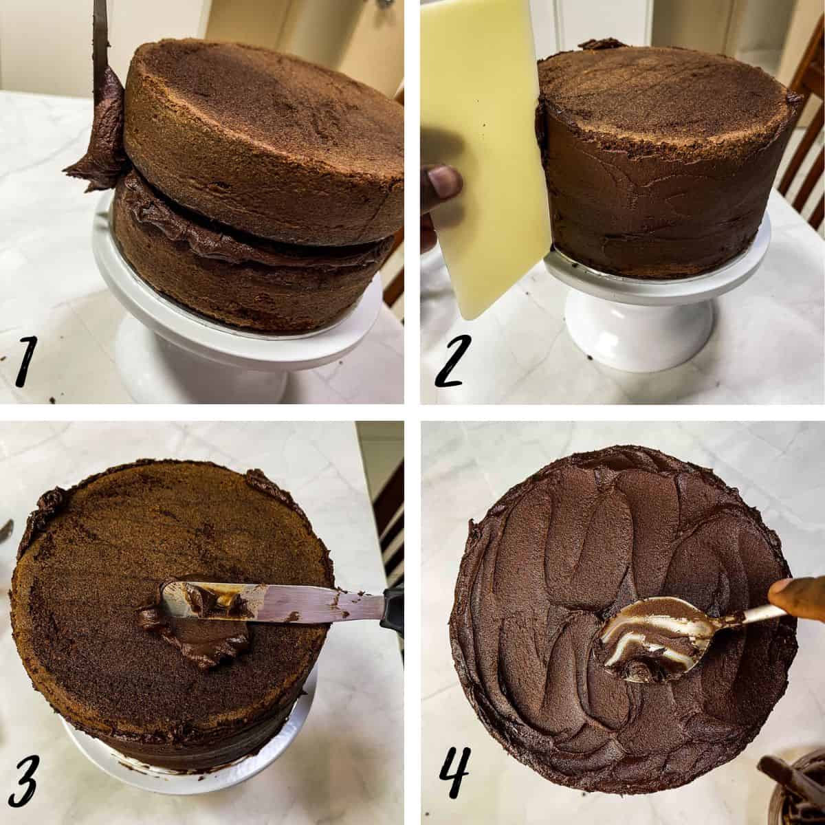 A poster of 4 images showing how to apply chocolate frosting to a 2 layer cake.