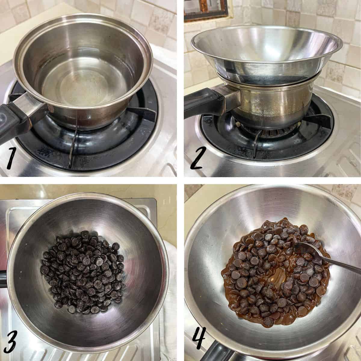 A poster of 4 images showing how to double boil chocolate over a bowl of hot water.