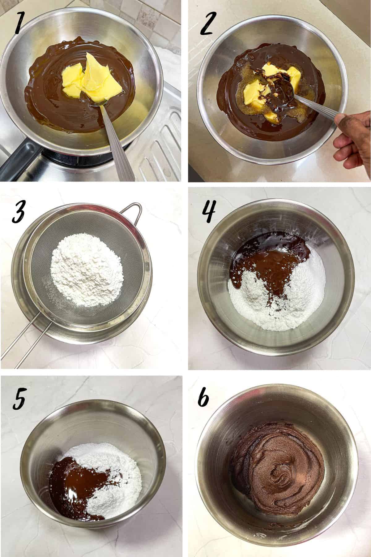 A poster of 6 images showing how to melt chocolate and butter and mix it with powdered sugar.
