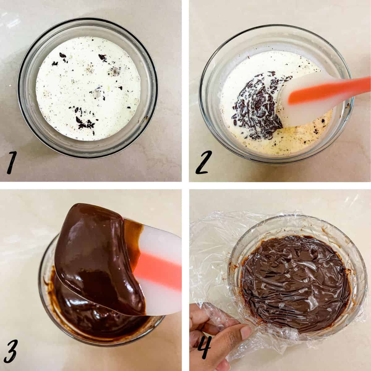 A poster of 4 images showing how to mix chocolate and hot cream.