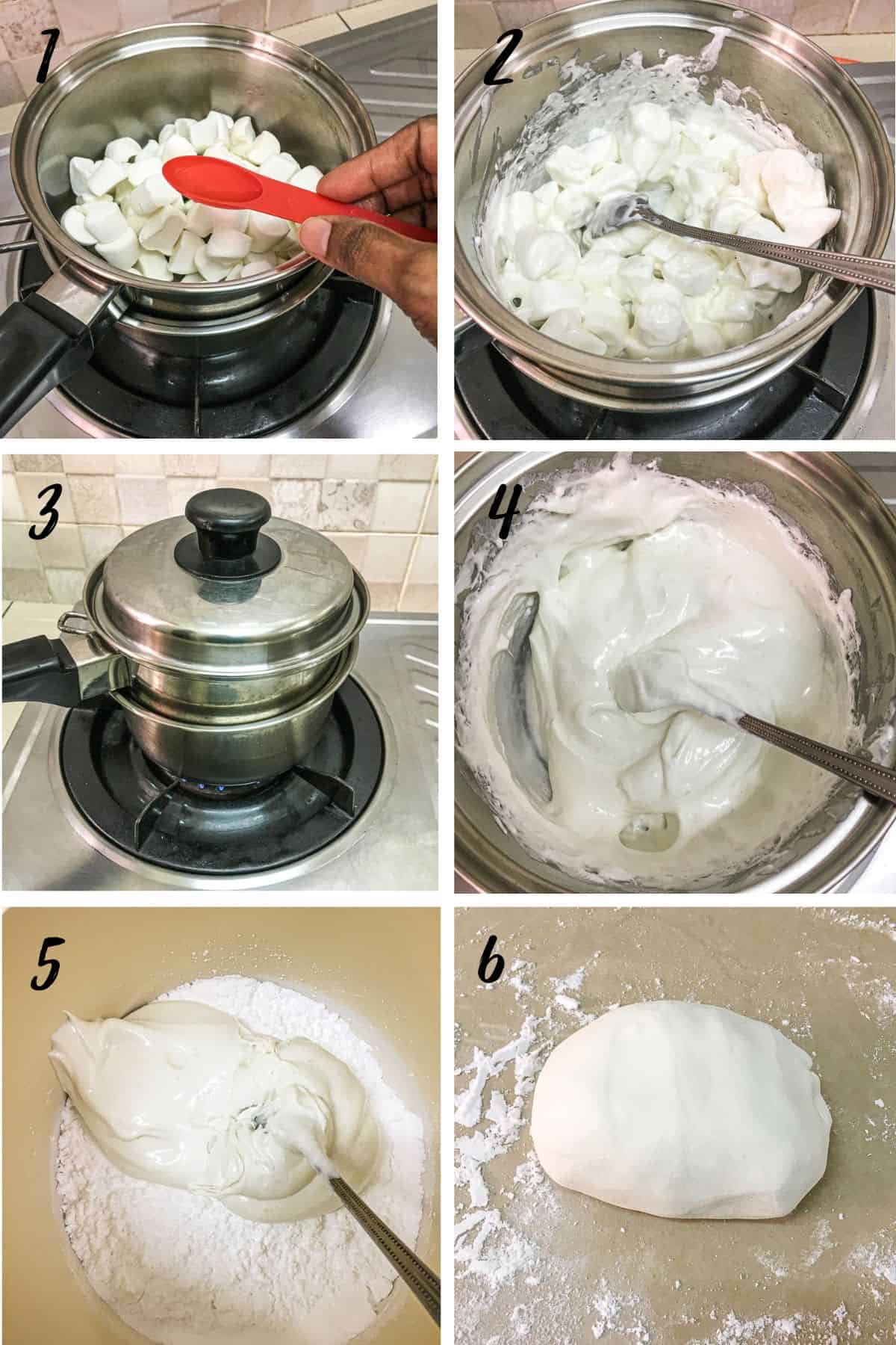 A poster of 6 images showing how to melt marshmallows over double boiler.