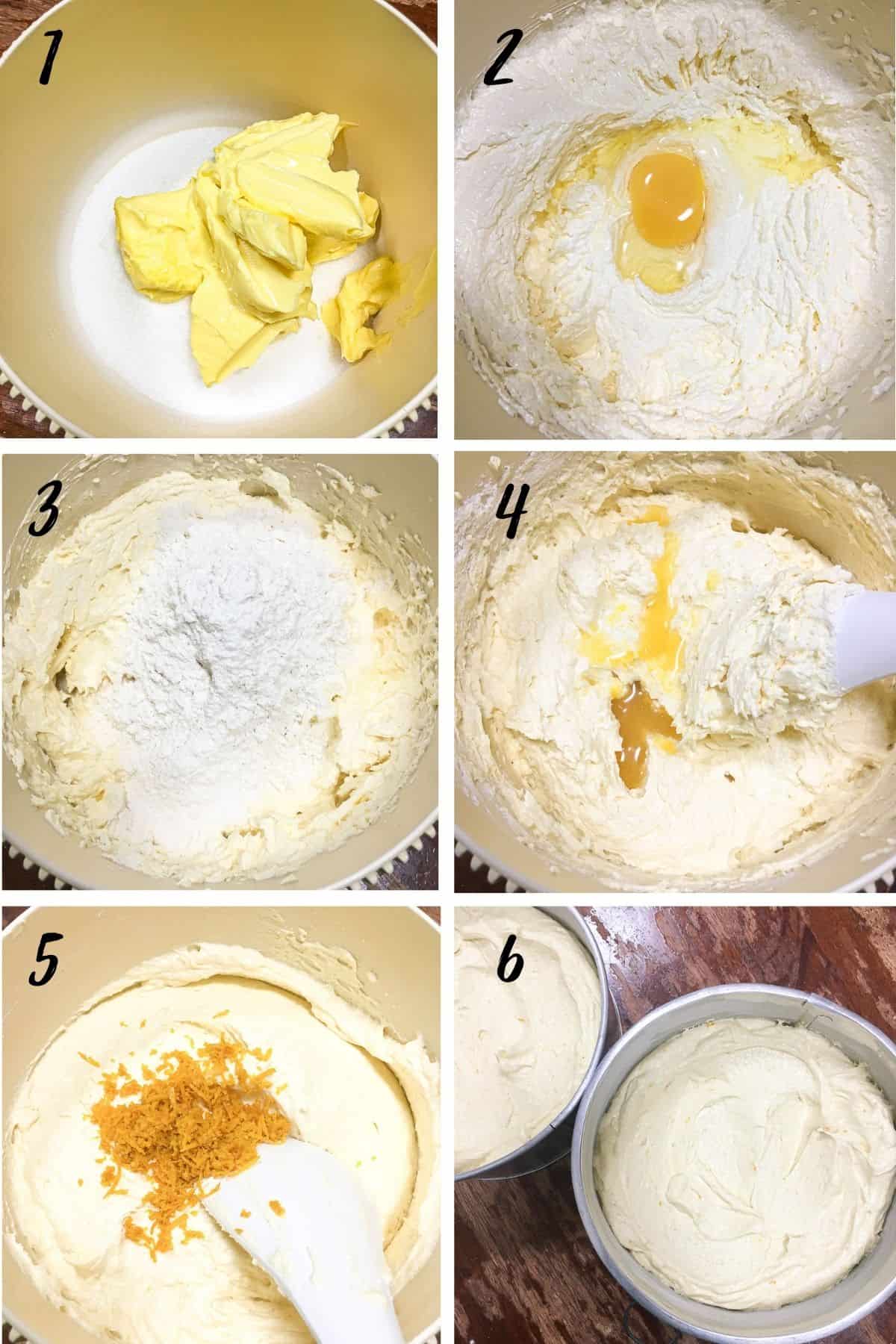 A poster of 6 images showing how to mix batter.