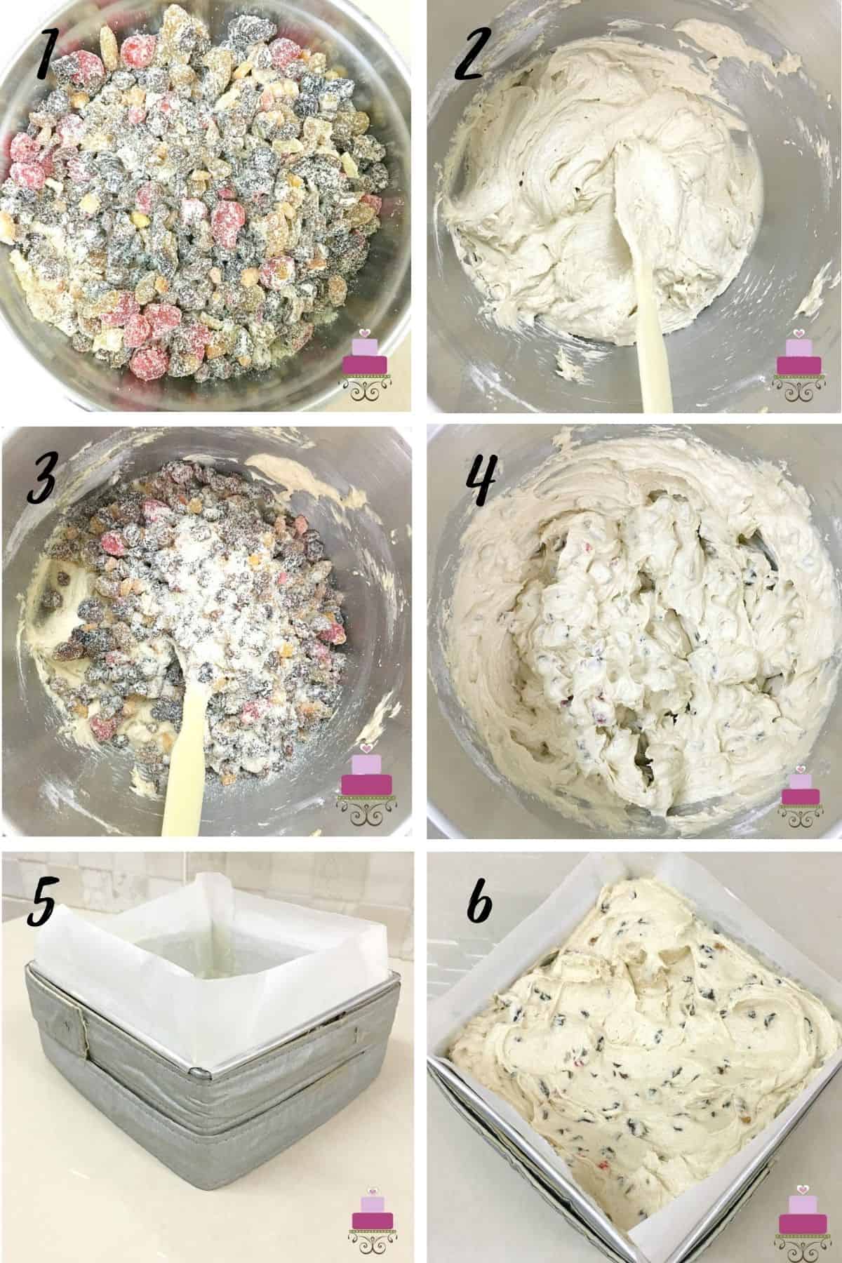 A poster of 6 images on how to mix batter. 