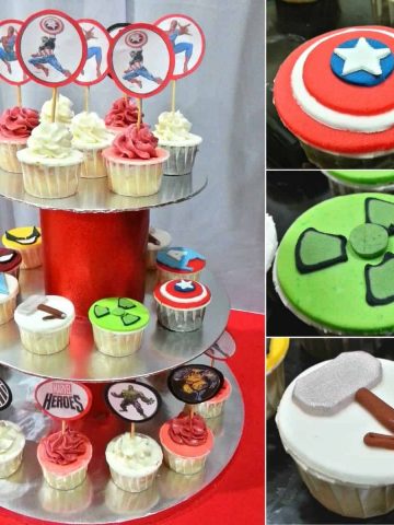 Marvel superheroes themed cupcakes on a red and silver cupcake stand.