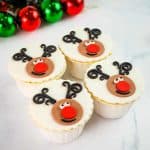 4 cupcakes with reindeer face deco.