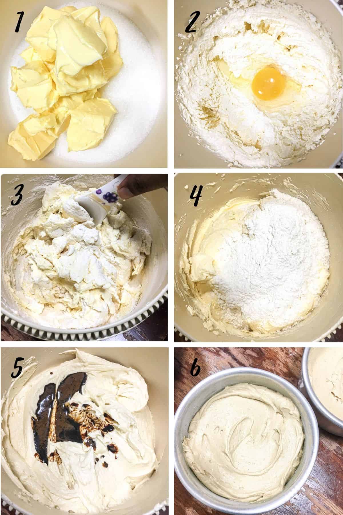 A poster of 6 images showing how to mix coffee cake batter.