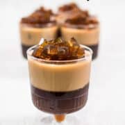 2 layers of coffee jelly in a mini cup topped with black coffee jelly cubes