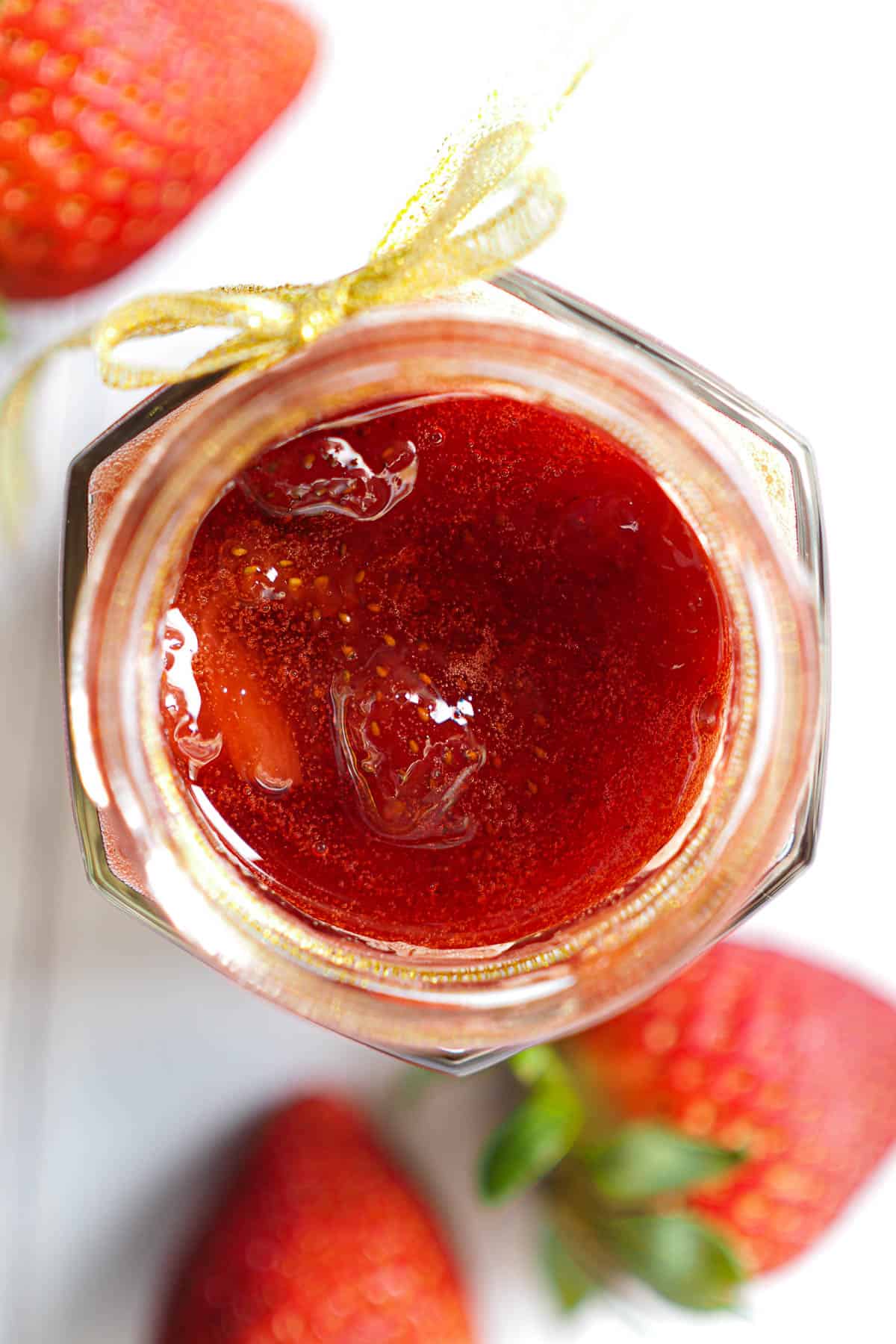 Top view of a jar of fruit jam.