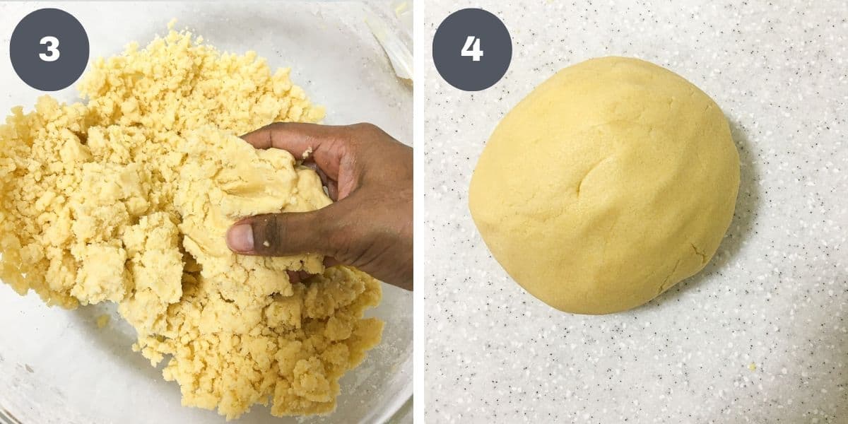 Mixing cookie dough by hand and a ball of dough.