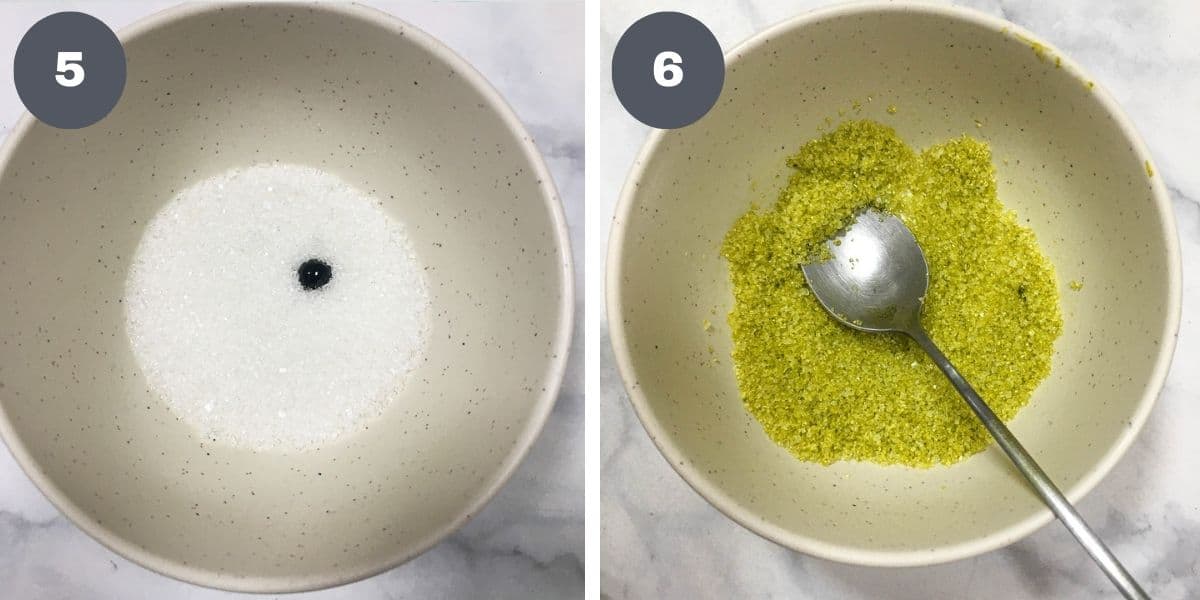 A bowl of sugar with a dot of coloring in it and a bowl of green sugar with a spoon in it.