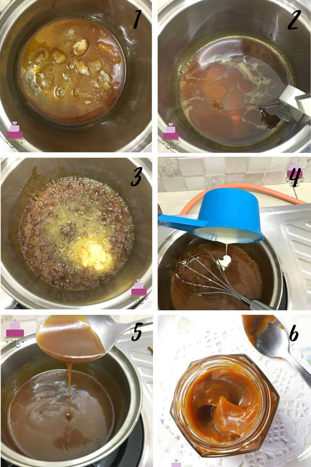 A poster of 6 images show how to melt sugar into caramel, how to add butter and cream and how to bottle the caramel sauce.