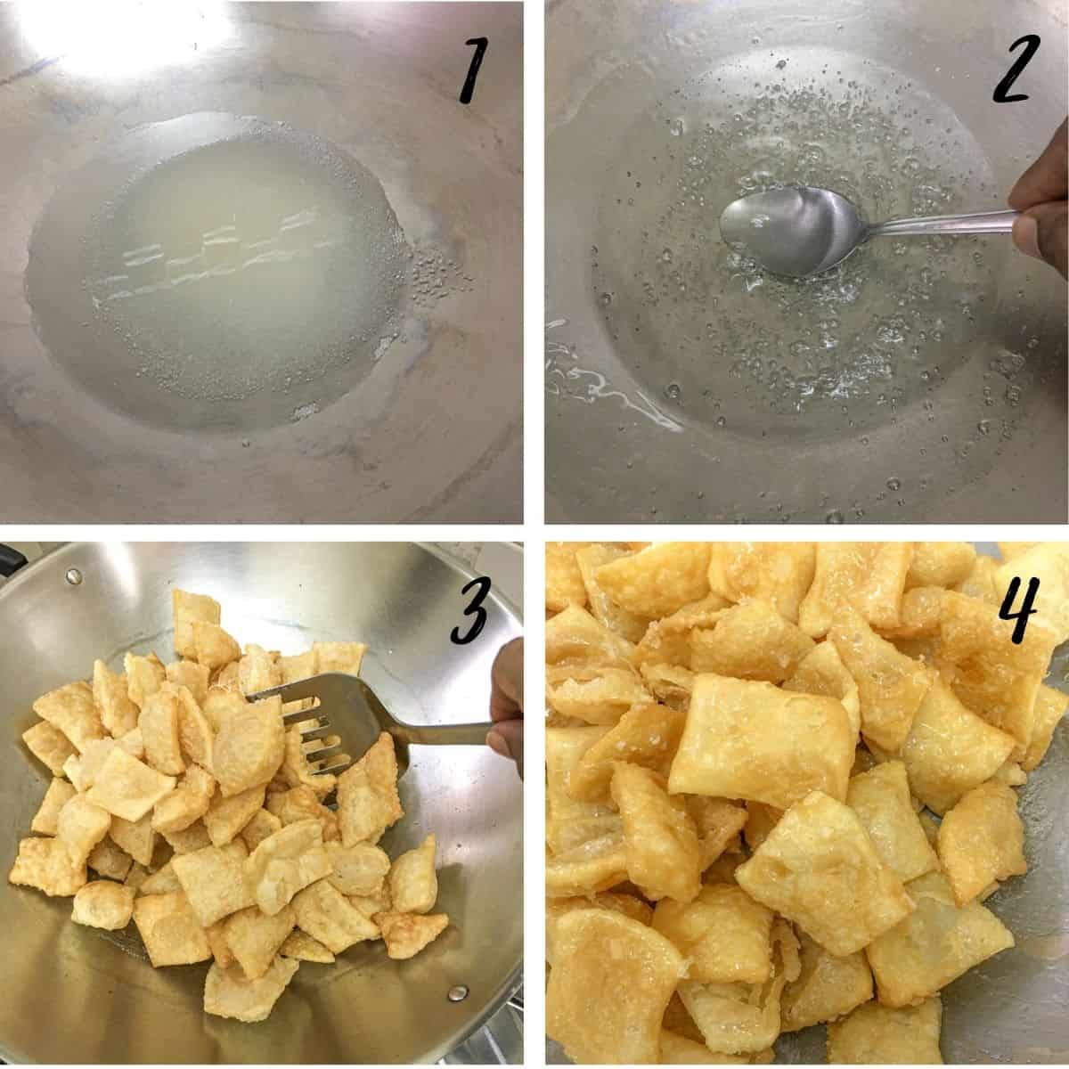 A poster of 4 mages showing sugar and water in a pan, using a spoon to mix the sugar syrup, mixing fried dough in a pan and sugar syrup coated dough bites in a pan