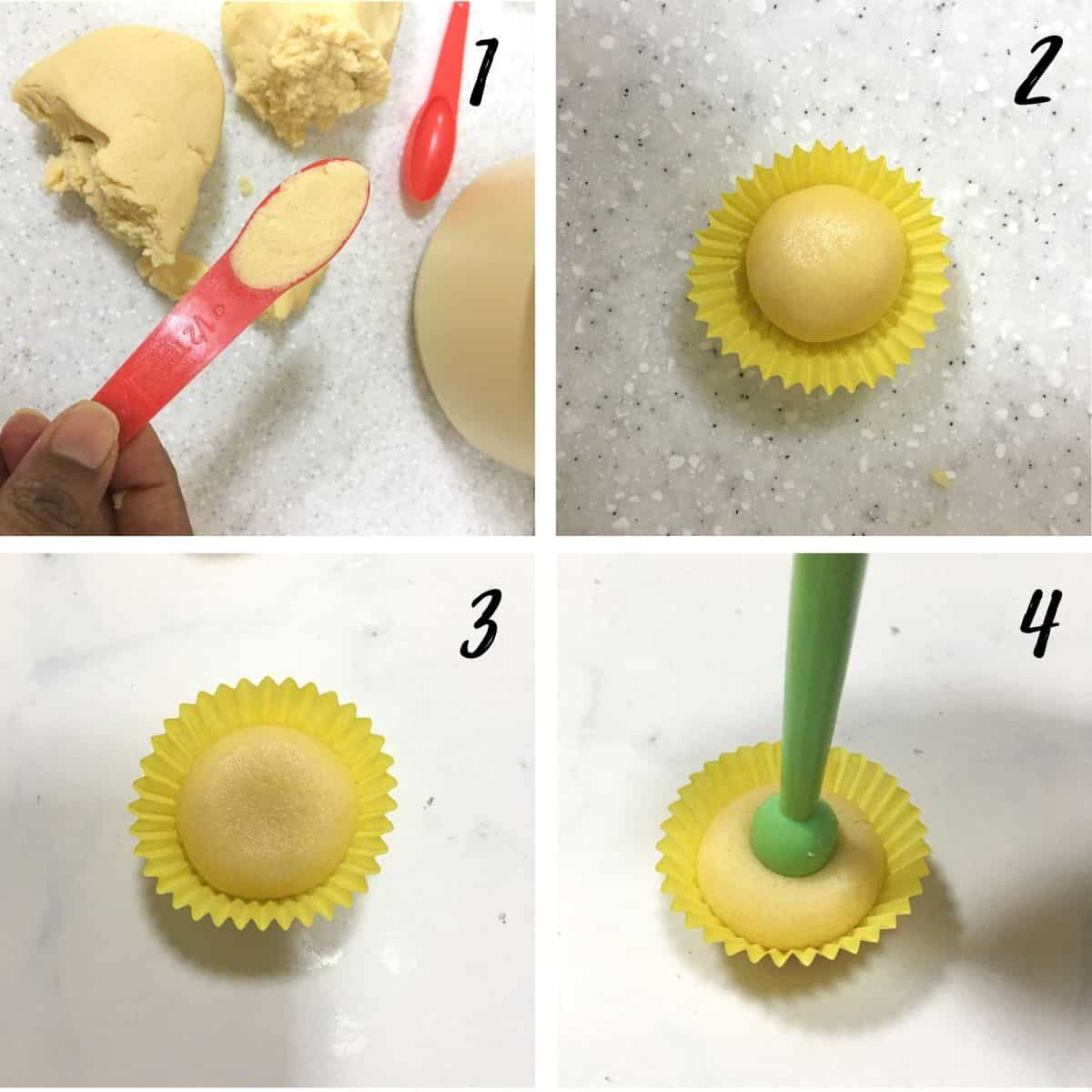A poster of 4 images showing how to scoop the shortbread cookies dough, how to shape it into a ball, how to use a ball tool to make a dent in the center.