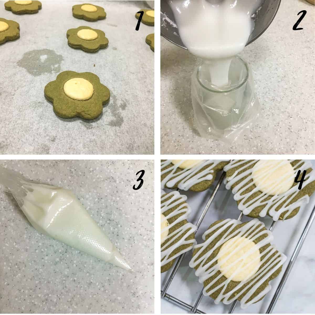 A poster of 4 images showing baked matcha shortbread cookies with white chocolate button centers, how to pour glaze icing into a piping bag and how to drizzle the glaze icing on cookies