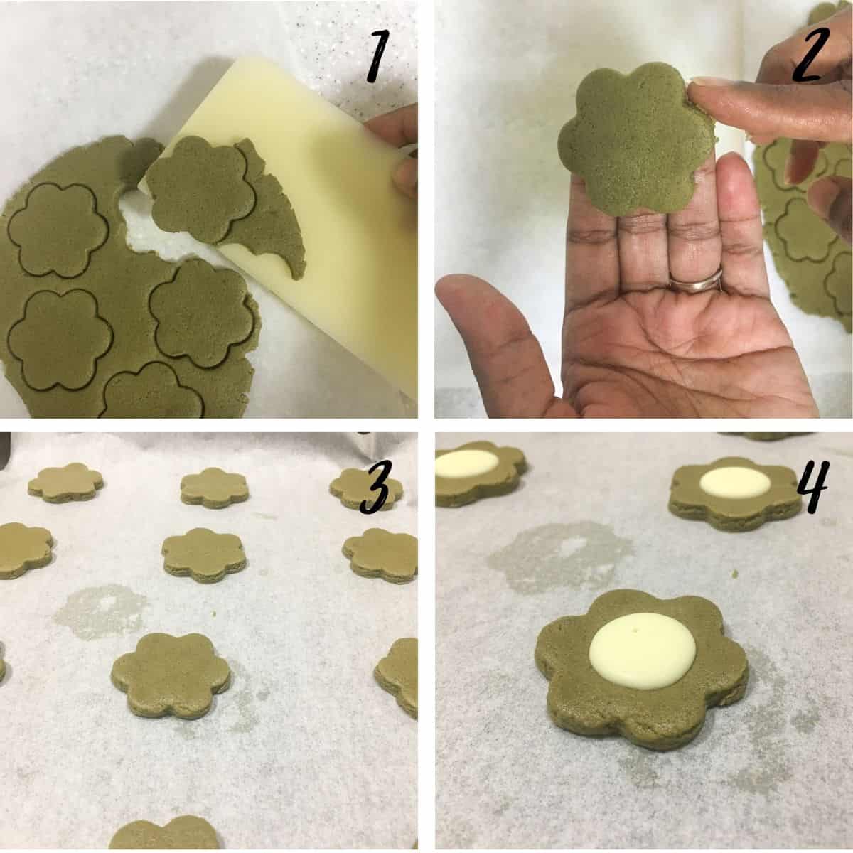A poster of 4 images showing how to cut out flower shaped dough, how to place them on a baking tray and how to add white chocolate button centers.