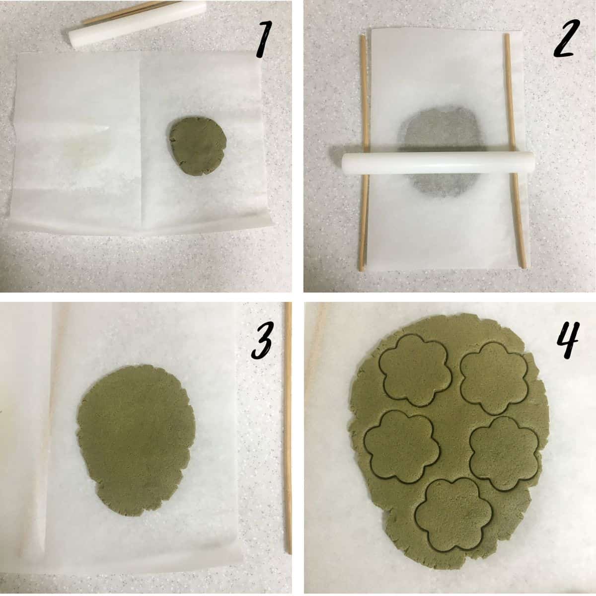 A poster of 4 images showing how to roll green tea cookie dough in between 2 parchment sheets, and guided by 2 dowel rods on either side of the rolling pin, and cutting the cookie dough with flower shaped cookie cutter.