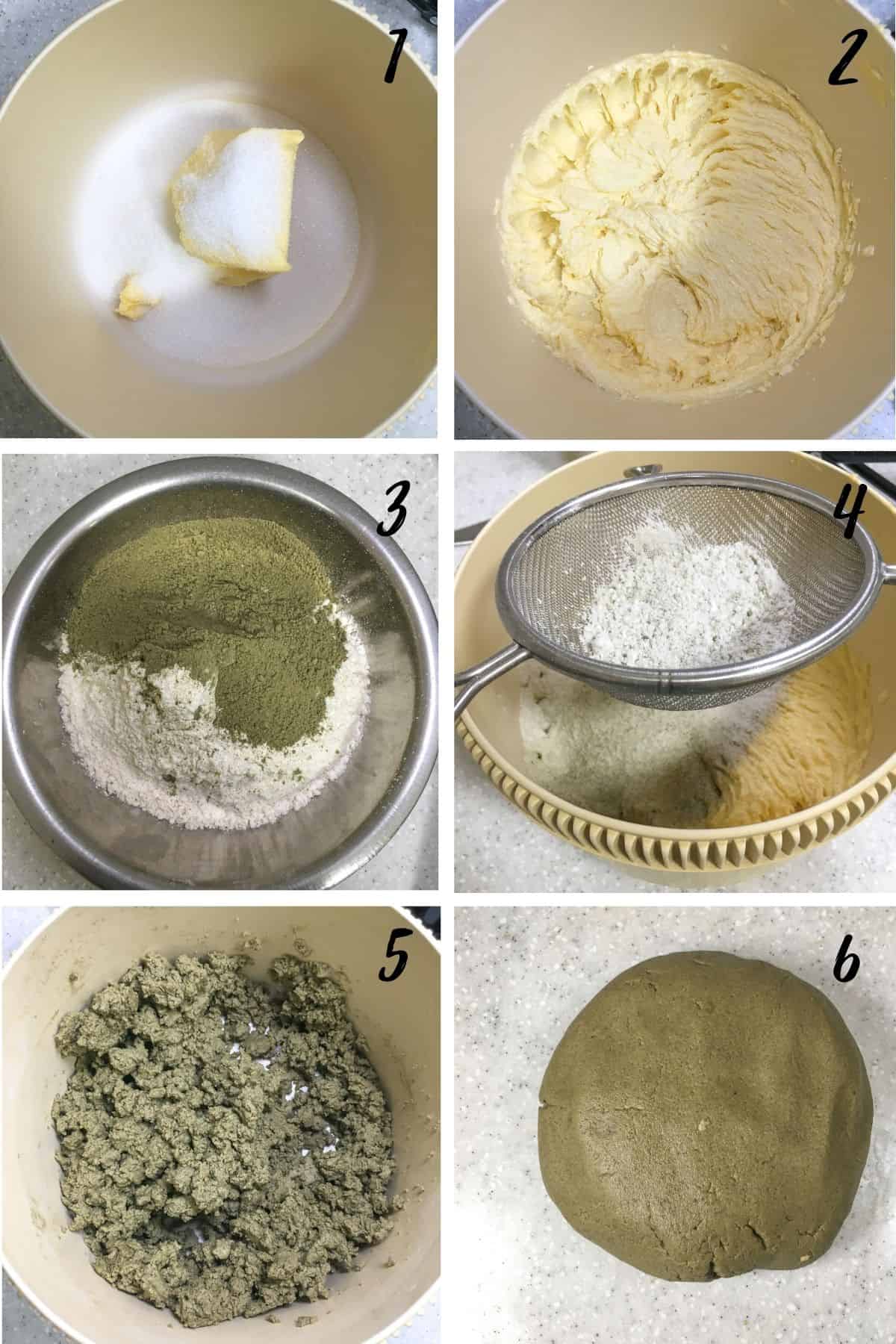 A poster of 6 images showing how to make cookies with matcha powder.