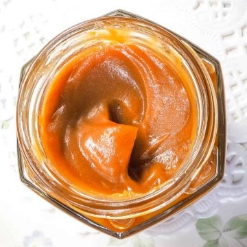 Top view of a jar of salted caramel.