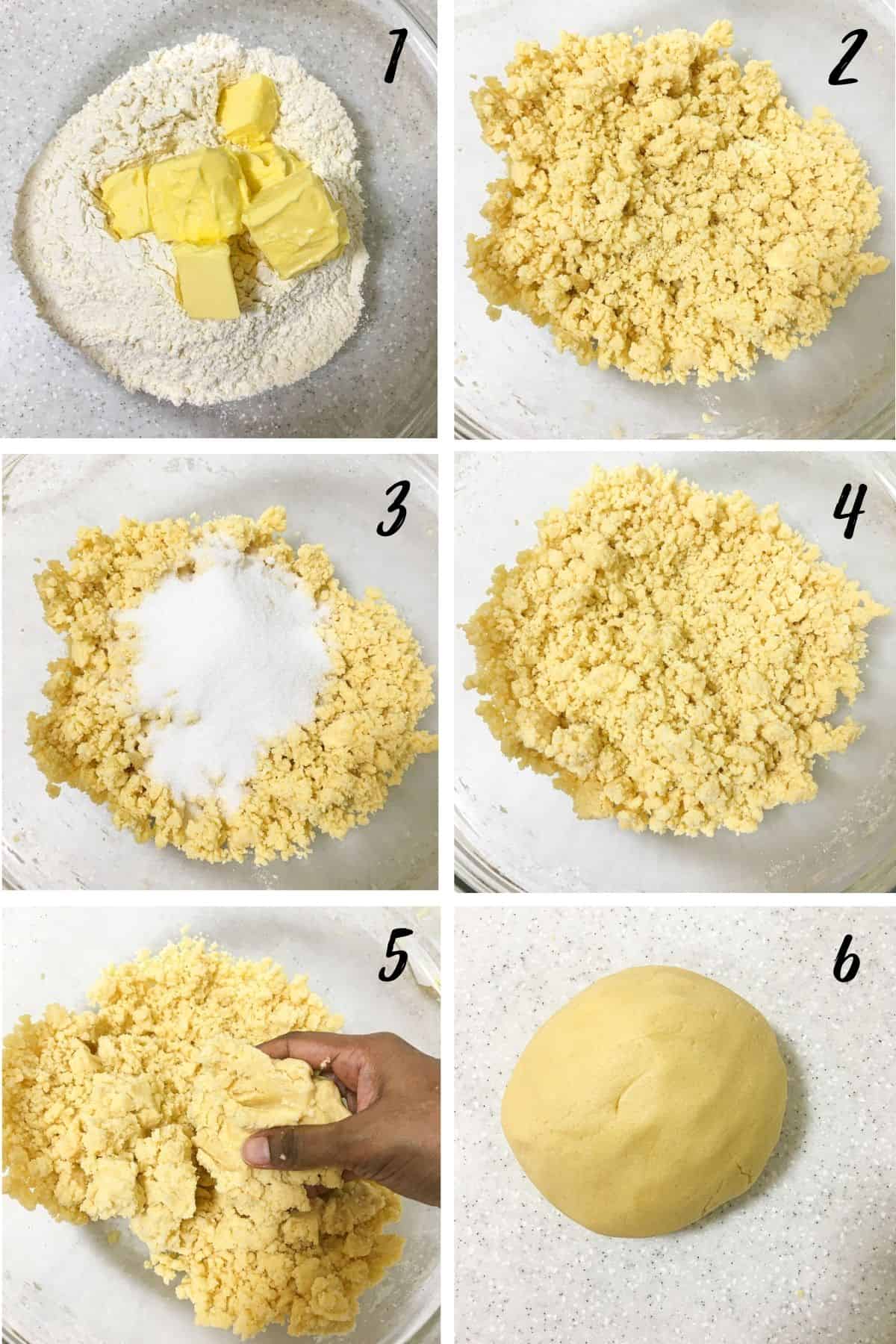A poster of 6 images showing how to mix shortbread cookie dough.