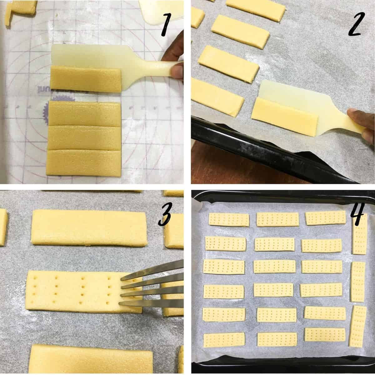 A poster of 4 images showing how to lift cut cookie dough with a spatula into a lined baking tray, how to make simple hole pattern on the cookies and a tray of fully arranged cookies on a tray.