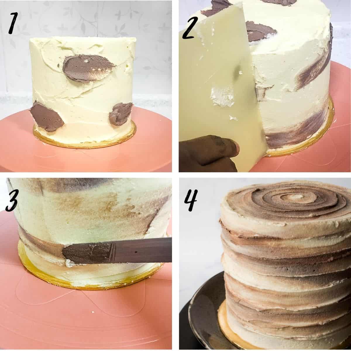 A poster to 4 images showing how to cover a marble pound cake with marble buttercream icing.