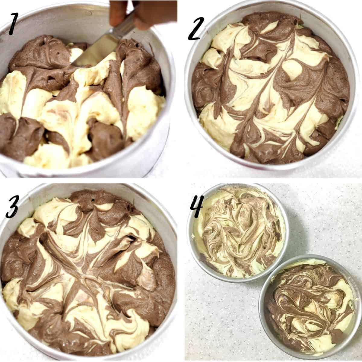 A poster of 4 images showing how to make marbled cake batter in a round tin.