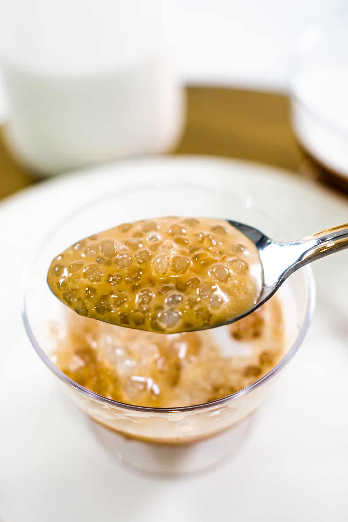 A spoon of sago pudding in coconut milk and palm sugar syrup.